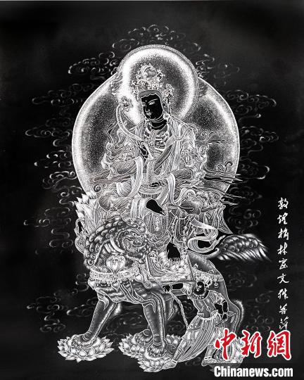 圖為朱增平創(chuàng)作的鍥金畫《敦煌榆林窟文殊菩薩》。(資料圖) 受訪者供圖