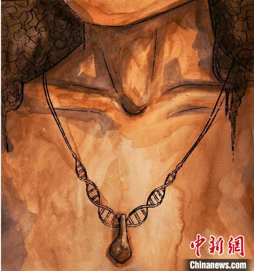 墜飾藝術(shù)再現(xiàn)圖，圖中吊墜繩為DNA螺旋樣式(圖片作者M(jìn)yrthe Lucas)?！∈┢樟指瘛ぷ匀?供圖