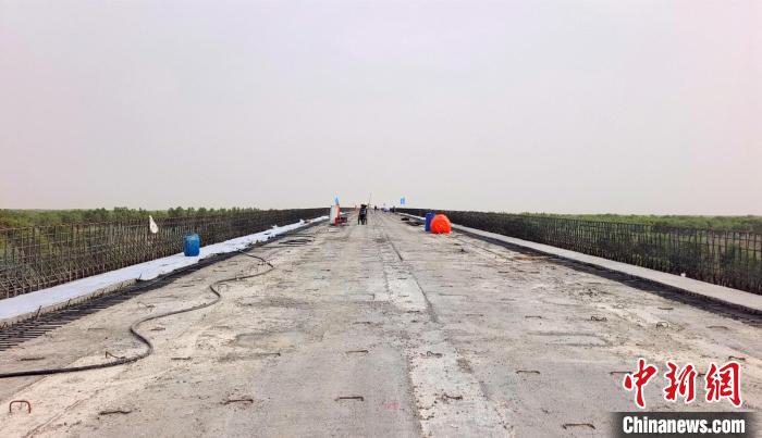 工作人員正在橋面上緊張有序地施工?！∈酚窠?攝