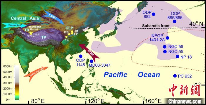 塔里木沙塵傳輸至北太平洋的路徑(陰影區(qū))及西昆侖山黃土巖芯位置(五角星)?！≈锌圃呵嗖馗咴?供圖