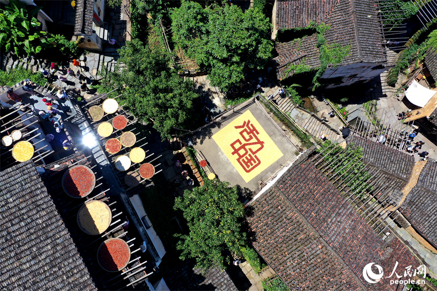 篁嶺曬秋大媽用農(nóng)作物曬出“活力中國(guó)”。人民網(wǎng)記者 時(shí)雨攝