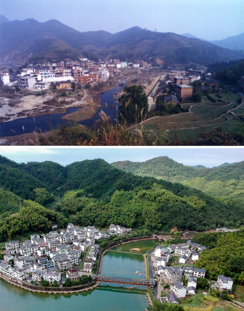 圖為浙江省杭州市淳安縣楓樹(shù)嶺鎮(zhèn)下姜村拼版圖，其中上圖為資料照片、下圖由新華社記者張鋮攝。