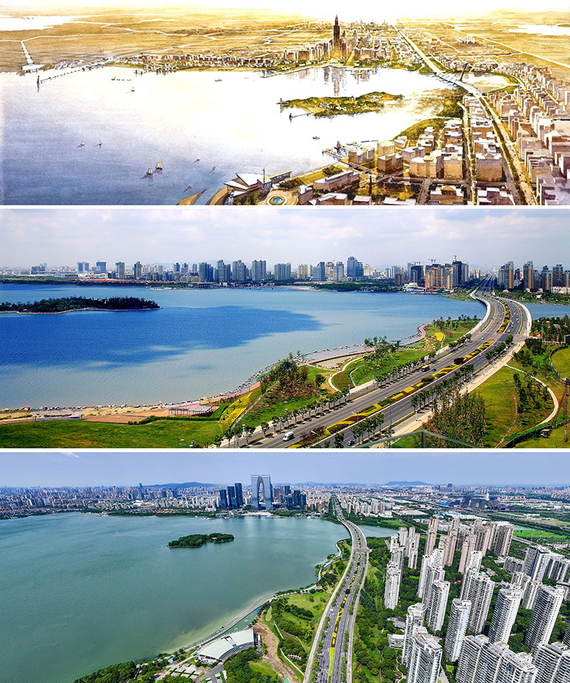 拼版照片：上圖為1994年繪制的蘇州工業(yè)園區(qū)手繪規(guī)劃圖；中圖為2007年拍攝的蘇州工業(yè)園區(qū)；下圖為2023年7月4日用無(wú)人機(jī)拍攝的蘇州工業(yè)園區(qū)。