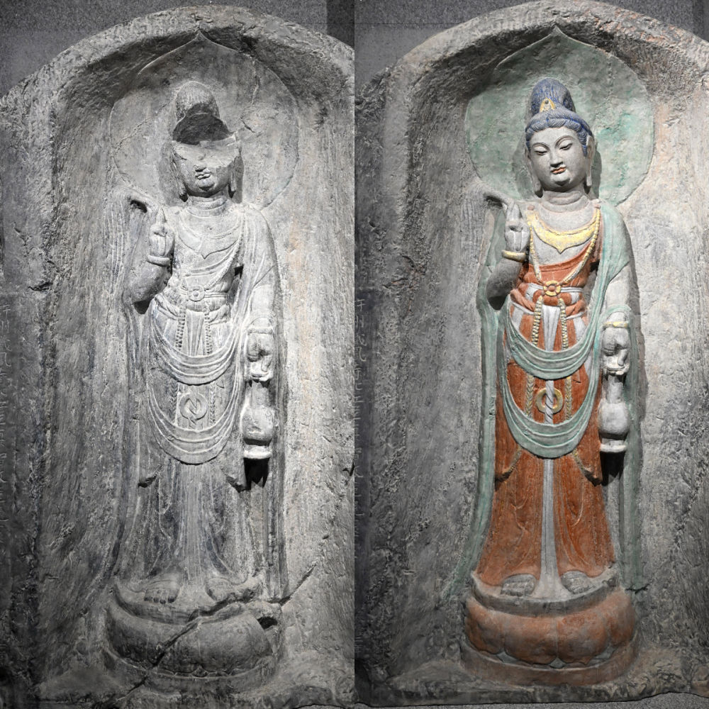 左圖為龍門石窟萬佛洞窟前南壁菩薩造像的3D打印模型；右圖為利用數(shù)字化技術(shù)復(fù)原后的3D打印模型（2025年4月10日攝，拼版照片）。復(fù)原后的像龕精妙絕倫，栩栩如生，被游客譽(yù)為“龍門最美菩薩”。圖片來源新華社