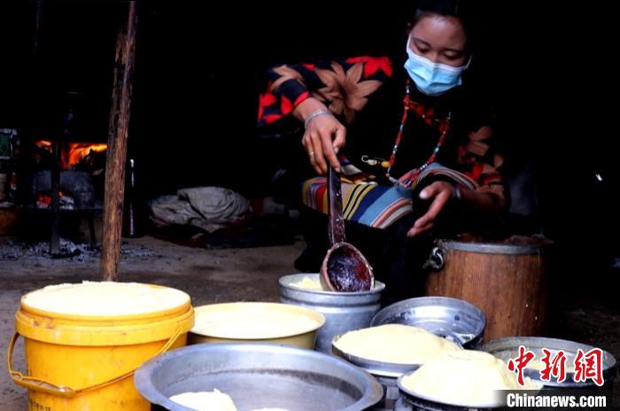圖為牧民正在制作酥油?！∪湛t文聯(lián)供圖
