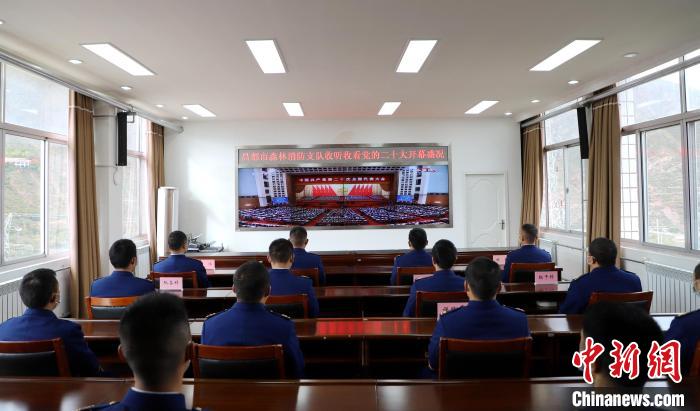 圖為西藏昌都市森林消防支隊收看二十大開幕直播?！⌒焖寂?攝