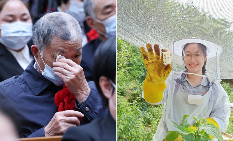 左圖為2021年2月25日，黃文秀的父親黃忠杰在全國脫貧攻堅表彰大會上；右圖為黃文秀生前工作照。